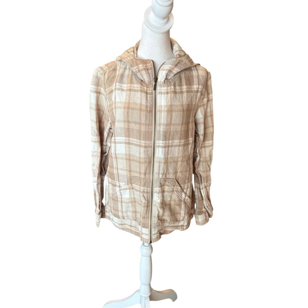 Eddie Bauer Linen Plaid Zip Up Hooded Jacket Size Large Tan Brown Orange